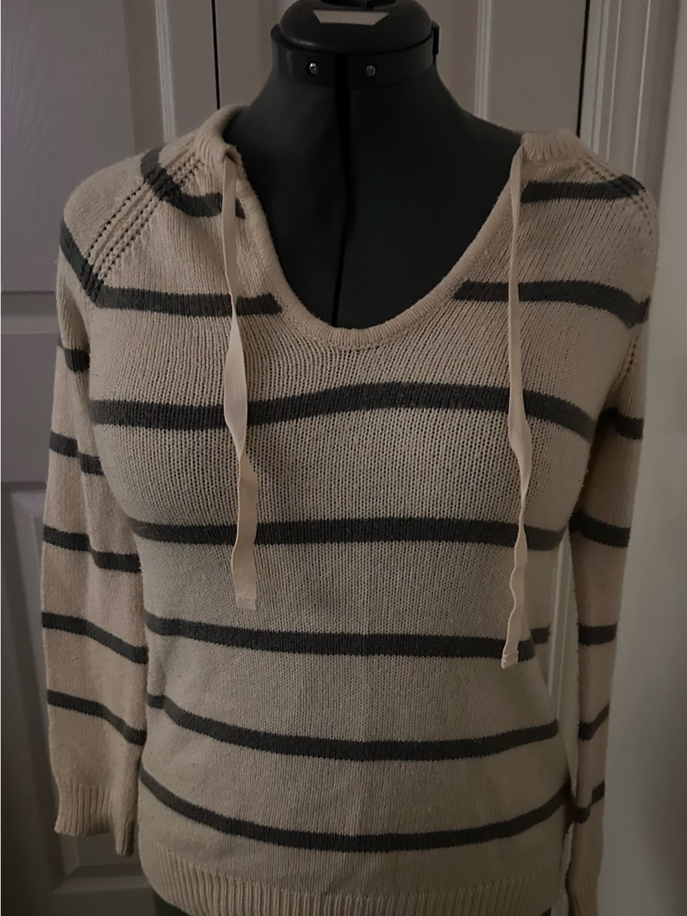 GAP Beige and Charcoal Striped Scoop-Neck Hoodie Sweater